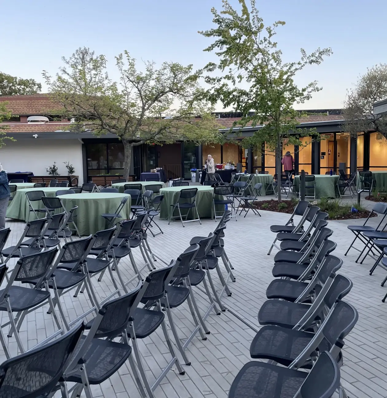 Empty chairs arranged for an outdoor event