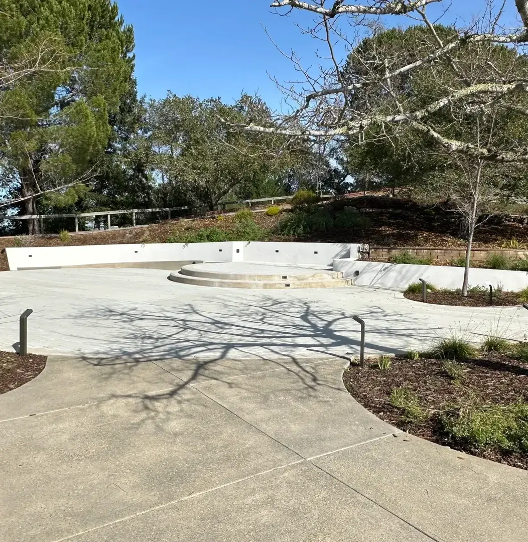 Outdoor seating area with concrete steps.