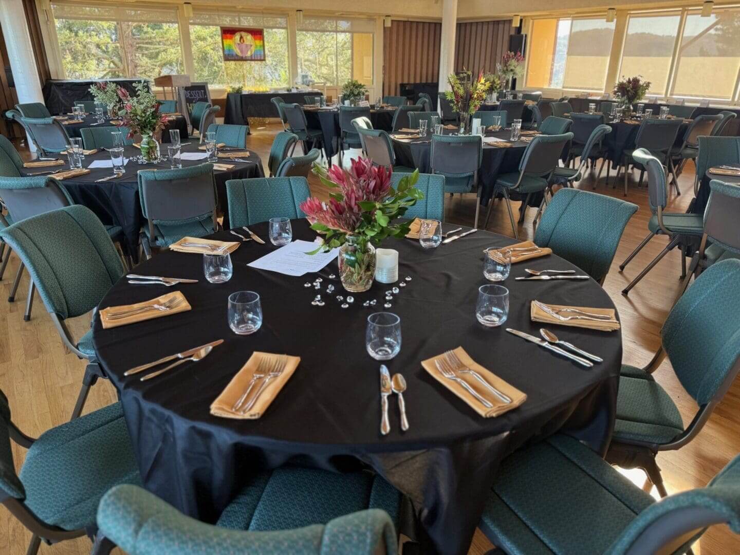 Round tables set for an elegant event.